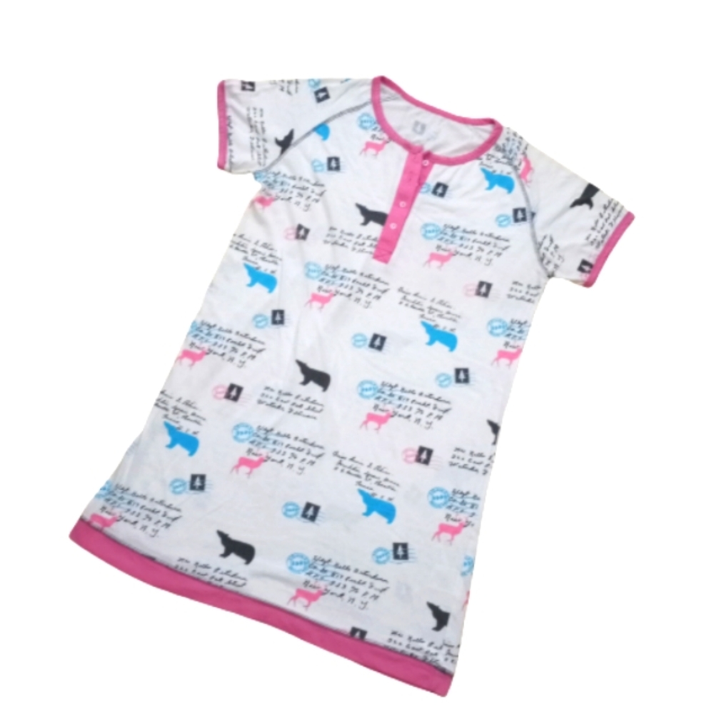Beatiful Pink hems Nightshirt  Vneck printed Pajamas Sz S - Picture 2 of 7